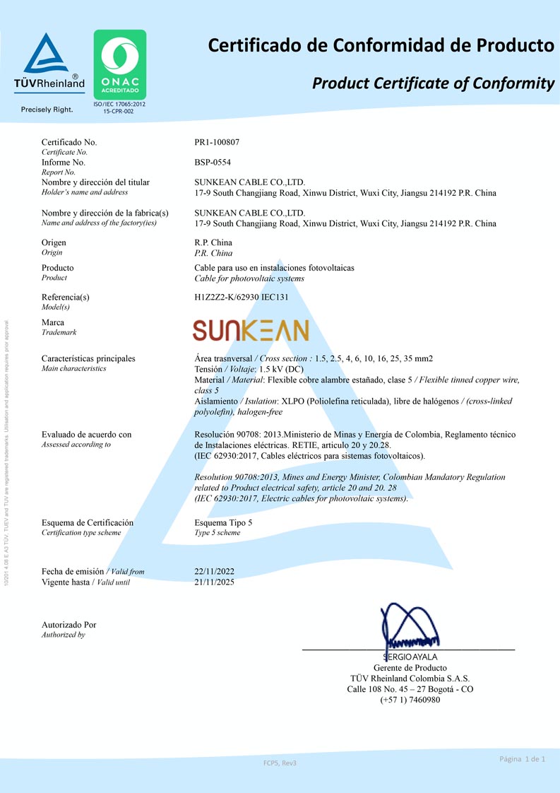 Certificado RETIE Cable Solar
