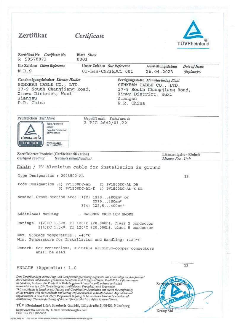 Certificado de cable solar 2 PfG/2642